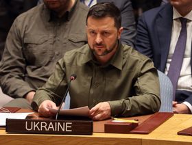 رئيس أوكرانيا فولوديمير زيلينسكي يتحدث أمام مجلس الأمن الدولي عن الحرب في بلاده في اجتماع خلال الجمعية العامة للأمم المتحدة في 20 سبتمبر 2023 بمدينة نيويورك، الولايات المتحدة - المصدر: غيتي إيمجز