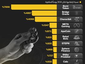 إنفوغراف.. ارتفاعات جنونية لعملات مشفرة خلال 30 يوماً فقط