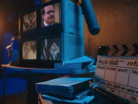 شاشات تلفزيونية تعرض مشهداً لمسلسل تلفزيوني خلال تصويره من قبل مجموعة "إم بي سي" (MBC) - المصدر: بلومبرغ