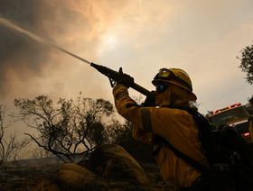 رجل إطفاء يحاول إخماد حريق غابات - المصدر: بلومبرغ