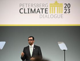 سلطان الجابر، رئيس مؤتمر المتحدة المعني بتغير المناخ (كوب28) يتحدث في "حوار بطرسبرغ للمناخ" في برلين، ألمانيا. مايو 2023 - المصدر: غيتي إيمجز