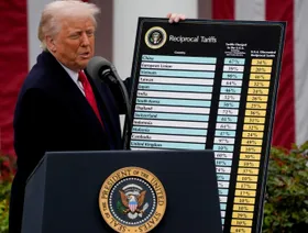 الرئيس الأميركي دونالد ترمب يحمل قائمة الرسوم الجمركية المتبادلة خلال الإعلان عنها في حديقة البيت الأبيض بالعاصمة الأميركية واشنطن يوم الأربعاء 2 أبريل 2025 - بلومبرغ