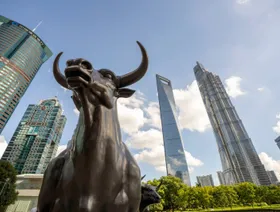 تمثال لثور في منطقة لوجياتسوي المالية في بودونغ، شنغهاي، الصين - بلومبرغ