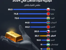 مشتريات المركزي العراقي من الذهب تسجل 20 طناً في 2024 - الشرق