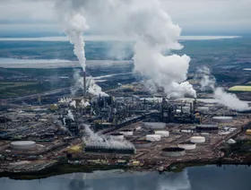 أعمدة بخار تتصاعد من منشأة لمعالجة النفط الرملي في أثاباسكا، بالقرب من فورت ماكموري في مقاطعة ألبرتا، كندا - المصدر: بلومبرغ