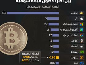 إنفوغراف: \"بتكوين\" ترتفع 166% هذا العام وتنضم لقائمة أعلى 10 أصول قيمة سوقية