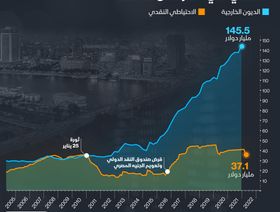 إنفوغراف.. اتساع الفارق بين الديون الخارجية والاحتياطي النقدي في مصر خلال 12 عاماً