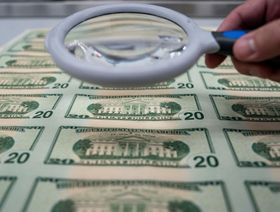 خبير يتفحص أوراقاً نقدية فئة 20 دولار أميركي بعد الطباعة - بلومبرغ