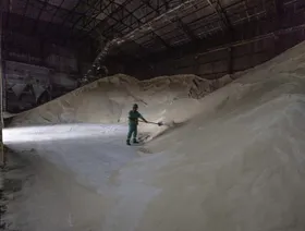 عامل يجرف السكر في مصنع "فيستا أليجري" لإنتاج السكر والإيثانول، بولاية ساو باولو، البرازيل - بلومبرغ