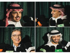 صورة مدمجة تظهر نواف التمياط (أعلى يمين) وعبيدالله عيسى (أعلى يسار) وحامد الحارثي  (أعلى يمين) وطارق ذياب (أعلى يسار) (مصدر الصور: https://x.com/thmanyahsports) - الشرق