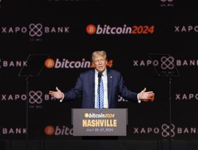 الرئيس الأميركي دونالد ترمب أثناء إلقاء كلمة في مؤتمر 'بتكوين 2024' في ناشفيل بولاية تينيسي، الولايات المتحدة - المصدر: بلومبرغ