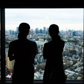 سيدتان تتأملان أفق طوكيو من صالة إبيسو سكاي، طوكيو، اليابان - بلومبرغ