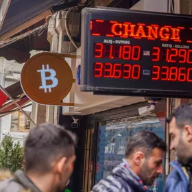 أشخاص أمام مكتب لصرف العملات في تركيا - بلومبرغ