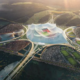 صورة فنية لملعب 'الحسن الثاني' بمدينة الدار البيضاء، المغرب. سيكون أكبر ملعب في العالم بسعة 115 ألف متفرج استعداداً لكأس العالم 2030. - الشركة