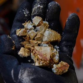 شخص يرتدي قفازاً ويحمل في يده عينة تربة تحتوي على معادن نادرة - بلومبرغ