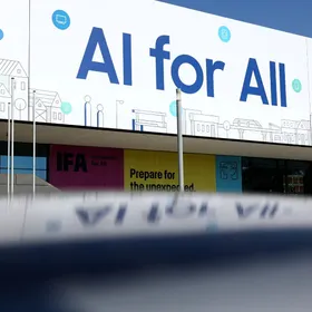 لافتة لشركة سامسونج للإلكترونيات تحمل شعار "الذكاء الاصطناعي للجميع" في معرض "إيفا" للإلكترونيات الاستهلاكية والأجهزة المنزلية في برلين، ألمانيا - بلومبرغ