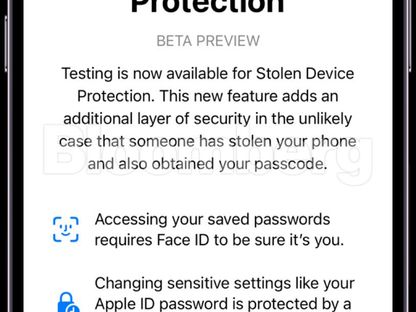 شرح لخاصية الحماية من السرقة لهاتف أيفون وفق التحديث \"iOS 17.3\" لبرنامج التشغيل من شركة أبل - المصدر: بلومبرغ