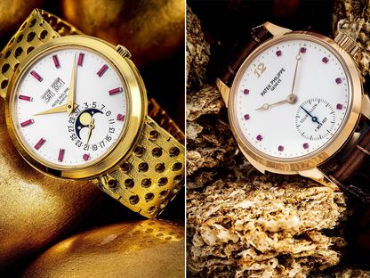 A Patek Phillippe perpetual calendar set with rubies (left; a minute repeater tourbillon, also set with rubies - Photographer: Leslie Lee