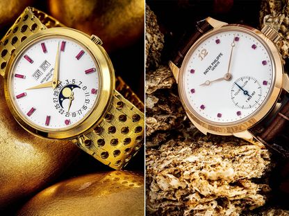 A Patek Phillippe perpetual calendar set with rubies (left; a minute repeater tourbillon, also set with rubies - المصدر: بلومبرغ