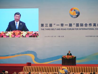 الرئيسي الصيني شي جين بينغ يتحدث في أثناء الحفل الافتتاحي لمنتدى مبادرة الحزام والطريق في بكين بتاريخ 18 أكتوبر 2023 - المصدر: بلومبرغ