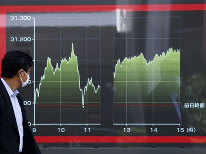 لوحة أسهم إلكترونية تعرض رسما بيانيا لتحركات مؤشر \"نيكي\" لمتوسط ​​الأسهم خارج شركة الأوراق المالية في طوكيو، اليابان - المصدر: بلومبرغ