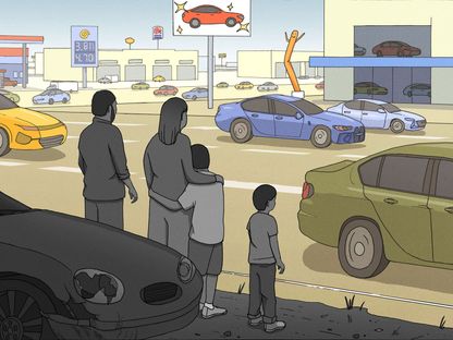 رسم يُظهر عائلة تنظر إلى شارع مليء بالسيارات - المصدر: بلومبرغ
