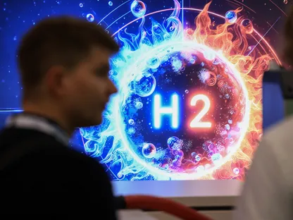 لافتة تحمل رمز الهيدروجين. بعض دول المنطقة تلجأ الآن إلى المزامنة بين الاستثمارات في الذكاء الاصطناعي ومراكز البيانات كثيفة الاستهلاك للطاقة، وبين تطوير تقنيات الهيدروجين الأخضر. - بلومبرغ