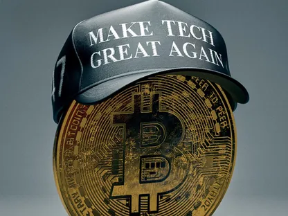 صورة تعبيرية لقطعة معدنية تحمل شعار بتكوين فوقها قبعة تحمل عبارة \"لنعد للتقنية عظمتها\" - بلومبرغ