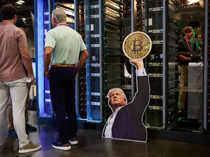 صورة للرئيس الأميركي دونالد ترمب وهو يحمل رمز عملة بتكوين خلال مؤتمر \"بتكوين 2025\" في لاس فيغاس - بلومبرغ