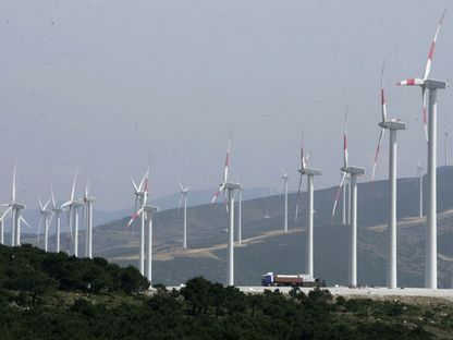 مجموعة من التوربينات في مزرعة لطاقة الرياح في طنجة، المغرب. - المصدر: بلومبرغ