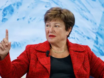 كريستالينا غورغييفا، خلال جلسة نقاشية ضمن المنتدى الاقتصادي العالمي في دافوس، سويسرا، الشهر الماضي - المصدر: بلومبرغ