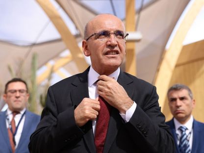 محمد شيمشك، وزير المالية والخزانة التركي، خلال الاجتماعات السنوية لصندوق النقد والبنك الدوليين في مدينة مراكش، المملكة المغربية، أكتوبر 2023. - المصدر: بلومبرغ