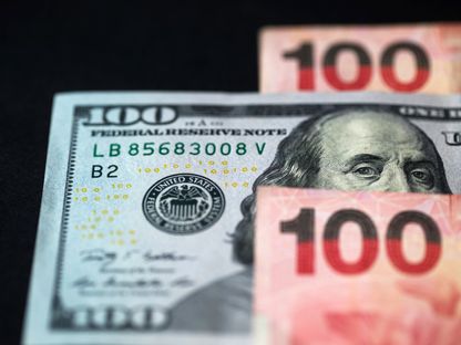 أوراق نقدية من فئة مئة دولار هونغ كونغ، وأوراق نقدية من فئة مئة دولار أميركي تم ترتيبها لالتقاط صورة في هونغ كونغ، الصين - بلومبرغ