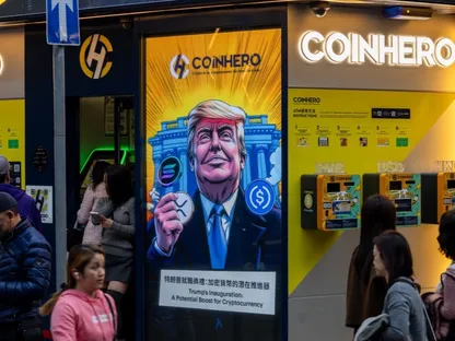 صورة كرتونية للرئيس الأميركي دونالد ترمب مع عملات مشفرة أمام البيت الأبيض معروضة في متجر \"كوين هيرو\" في هونغ كونغ، الصين، يوم الاثنين 20 يناير 2025 - بلومبرغ