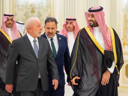 ولي العهد السعودي خلال استقبال رئيس البرازيل في الرياض اليوم - وكالة الأنباء السعودية \"واس\"