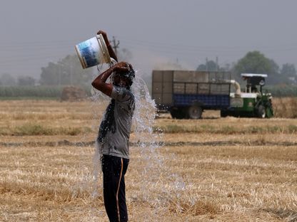 مزارع يسكب الماء على نفسه في أثناء عمله بمزرعة قمح في البنجاب، الهند في مايو 2022.  - المصدر: بلومبرغ