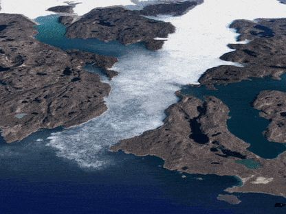 ذوبان الجليد في \"غرين لاند\"، من آثار الاحترار العالمي التي تحمل مخاطر على مستويات البحار. - المصدر: \"غوغل\".