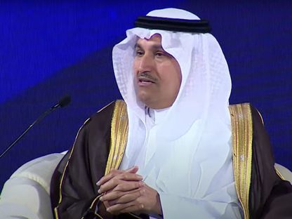 وزير النقل والخدمات اللوجستية صالح الجاسر متحدثاً خلال إحدى جلسات منتدى الاستثمار السعودي الأوروبي في اليراض، يوم 23 أكتوبر 2023 - المصدر: بلومبرغ