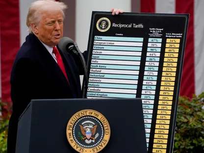 الرئيس الأميركي دونالد ترمب يعرض لوحة كبيرة بعنوان \"الرسوم المتبادلة\" تقارن بين ما تفرضه دول مختلفة من رسوم جمركية على البضائع الأميركية، مقابل النسب التي ستفرضها الولايات المتحدة - بلومبرغ