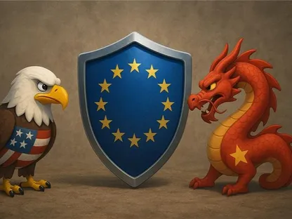 صورة مولدة بالذكاء الاصطناعي للتعبير عن استخدام الاتحاد الأوروبي لأداة مكافحة الإكراه كدرع لتحصينها في مواجهة الولايات المتحدة والصين - الشرق