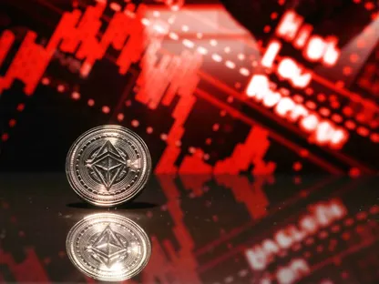 مسكوكة معدنية عليها رمز عملة إيثريوم المشفرة وانعكاسها - المصدر: بلومبرغ