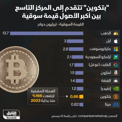 إنفوغراف: "بتكوين" ترتفع 166% هذا العام وتنضم لقائمة أعلى 10 أصول قيمة سوقية