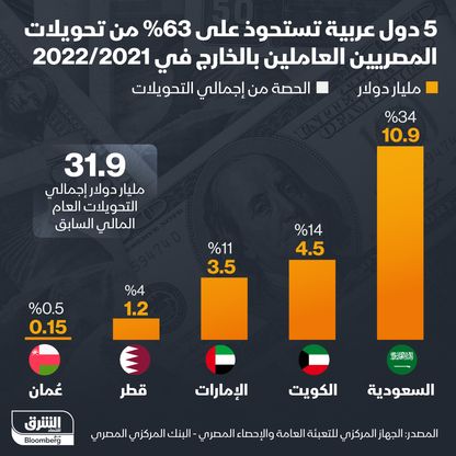 إجمالي حجم التحويلات بلغ نحو 32 مليار دولار خلال 2021/ 2022 - المصدر: الشرق