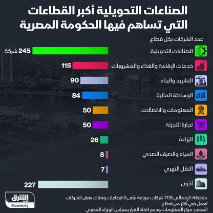 عدد الشركات التي تشارك فيها الحكومة المصرية بحسب القطاع - المصدر: الشرق