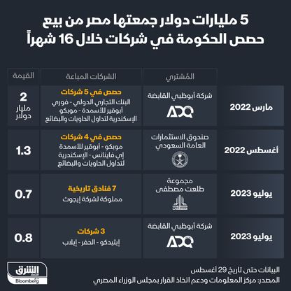 إنفوغراف: 5 مليارات دولار حصيلة مصر من بيع حصص بشركات