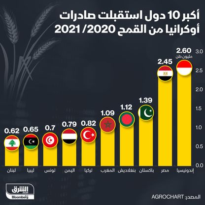 إنفوغراف.. أكبر عشر دول استقبالاً لصادرات القمح الأوكراني