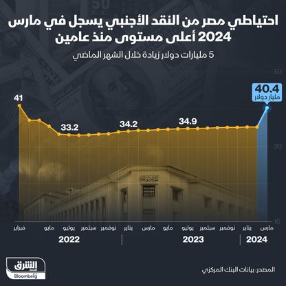 احتياطي مصر من النقد الأجنبي في عامين - المصدر: بلومبرغ