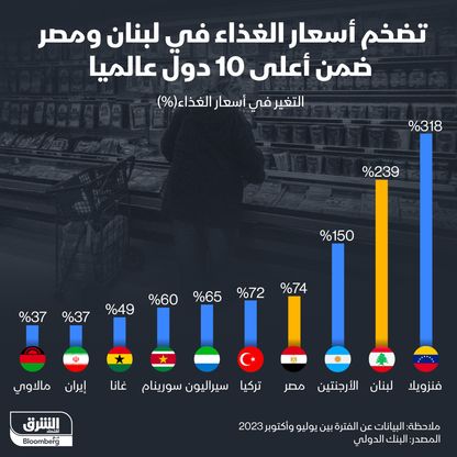 أعلى 10 دول من حيث تضخم أسعار الغذاء في الفترة بين يوليو - أكتوبر 2023 - الشرق/بلومبرغ