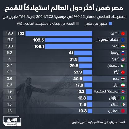 أكثر الدول استهلاكاً للقمح في موسم 2023/2024 - الشرق/بلومبرغ