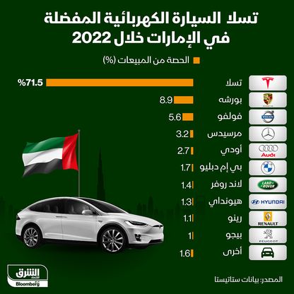 إنفوغراف: "تسلا" أكثر السيارات الكهربائية مبيعاً في الإمارات 